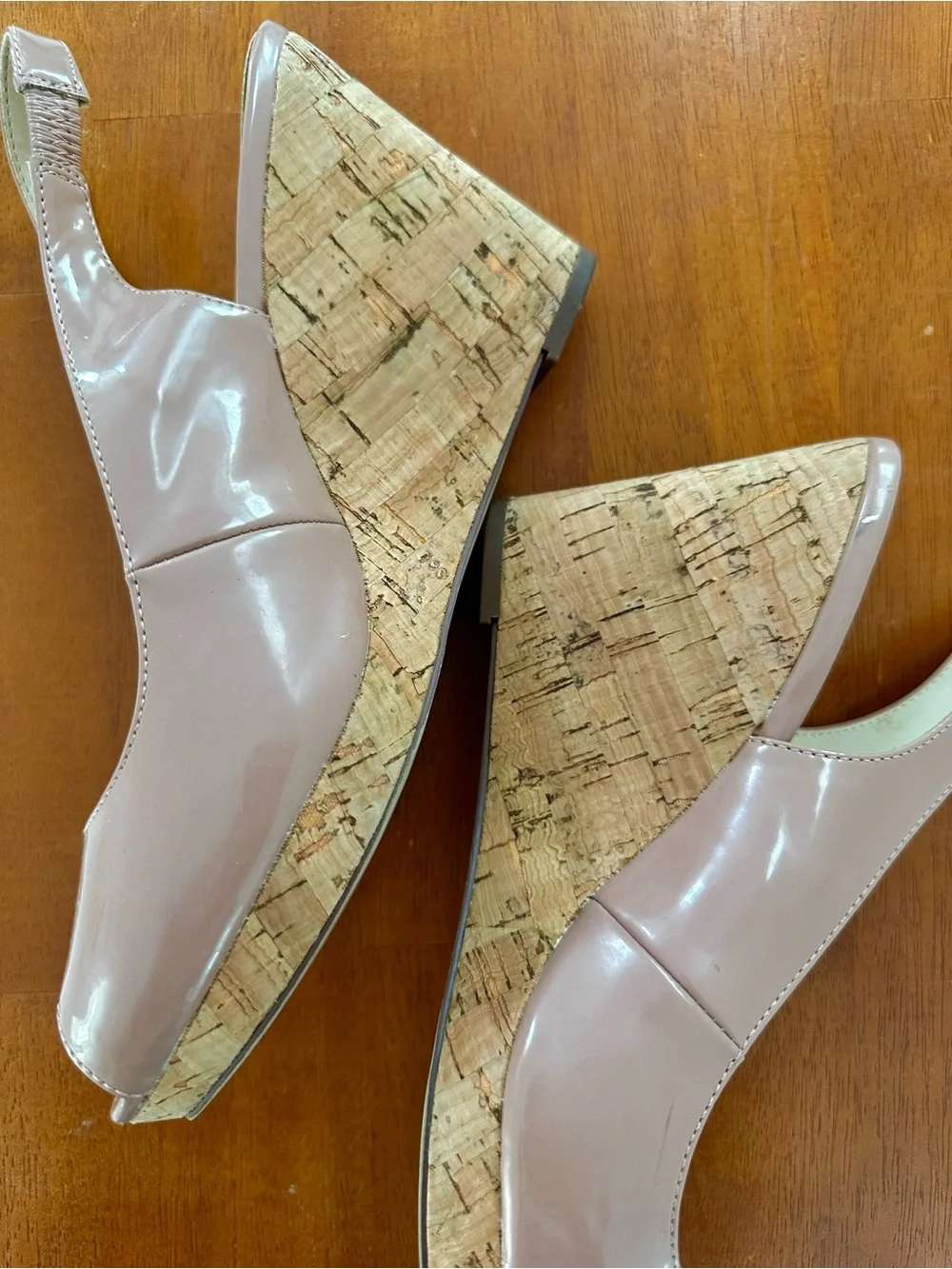 Nine West Patent Peep-Toe Cork Wedges in Dusty Rose
